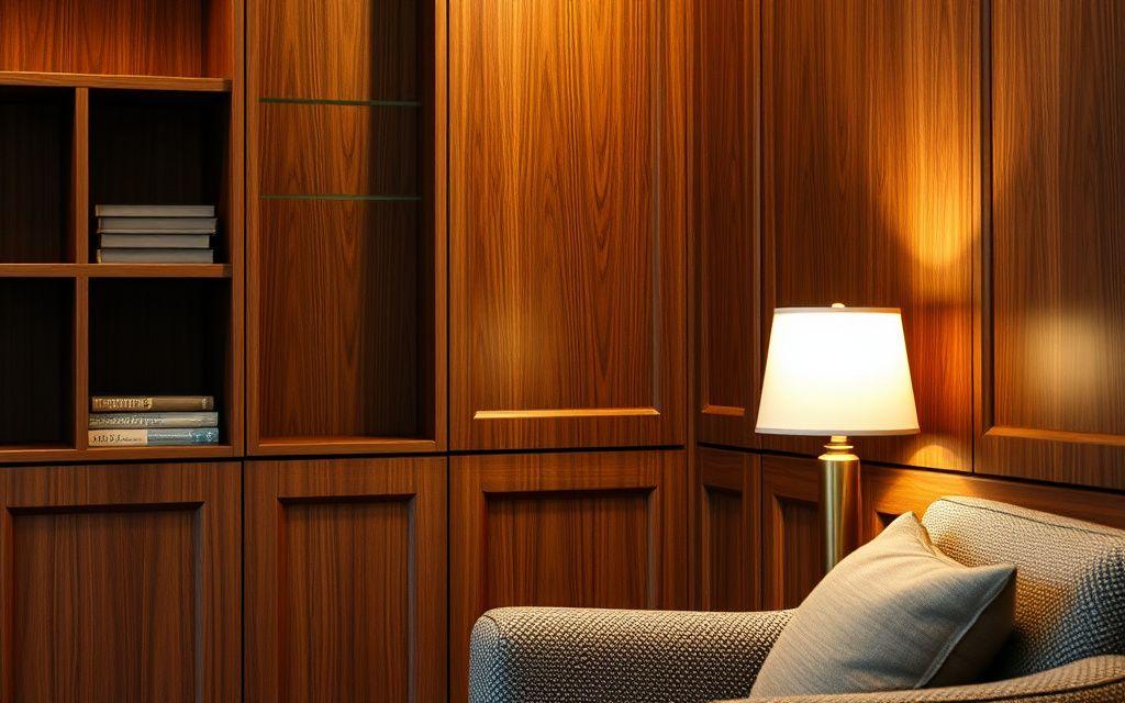 Detail of a custom-built lounge interior with warm wood panelling and shelving