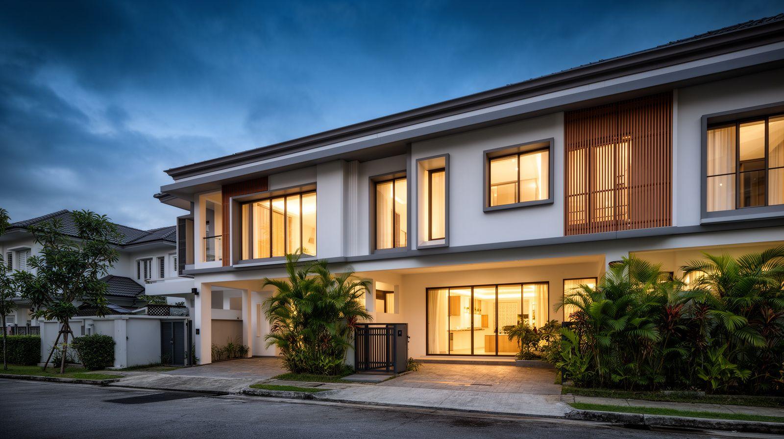 Freshly renovated terrace house exterior in Kuala Lumpur at dusk
