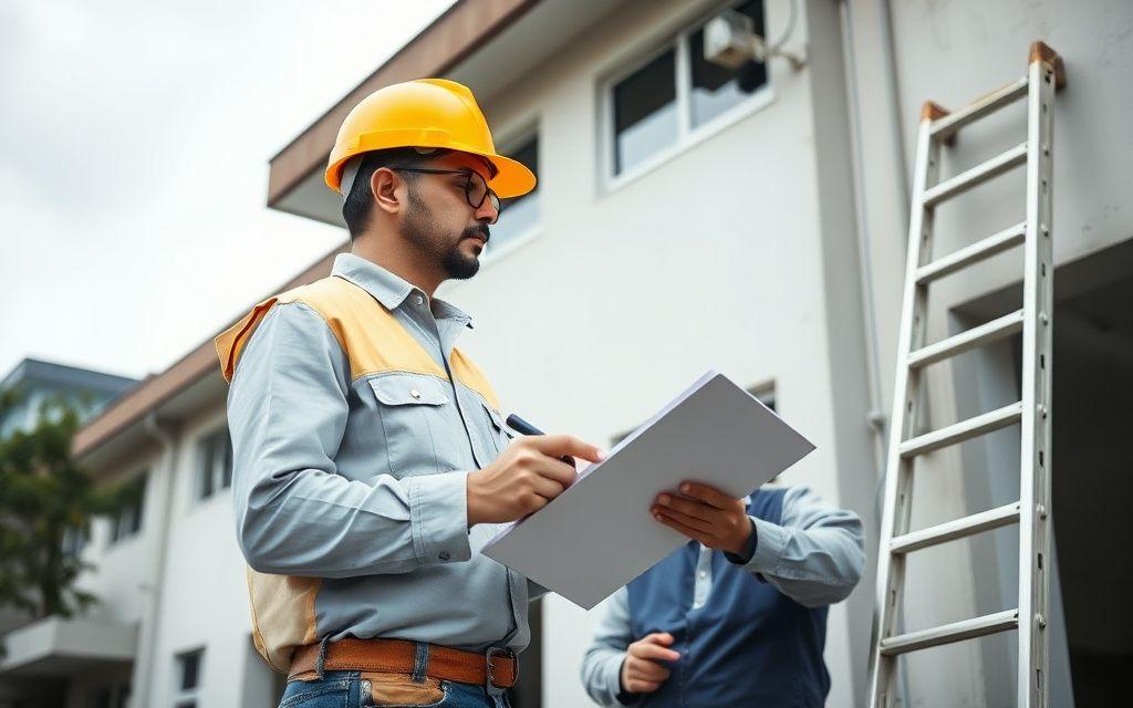 Technician inspecting a building exterior with a checklist in hand