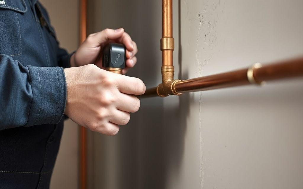 Plumber fitting copper pipework neatly along a wall chase