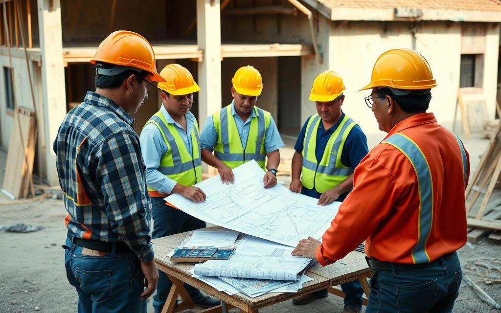 Construction team gathered around plans during a morning site briefing