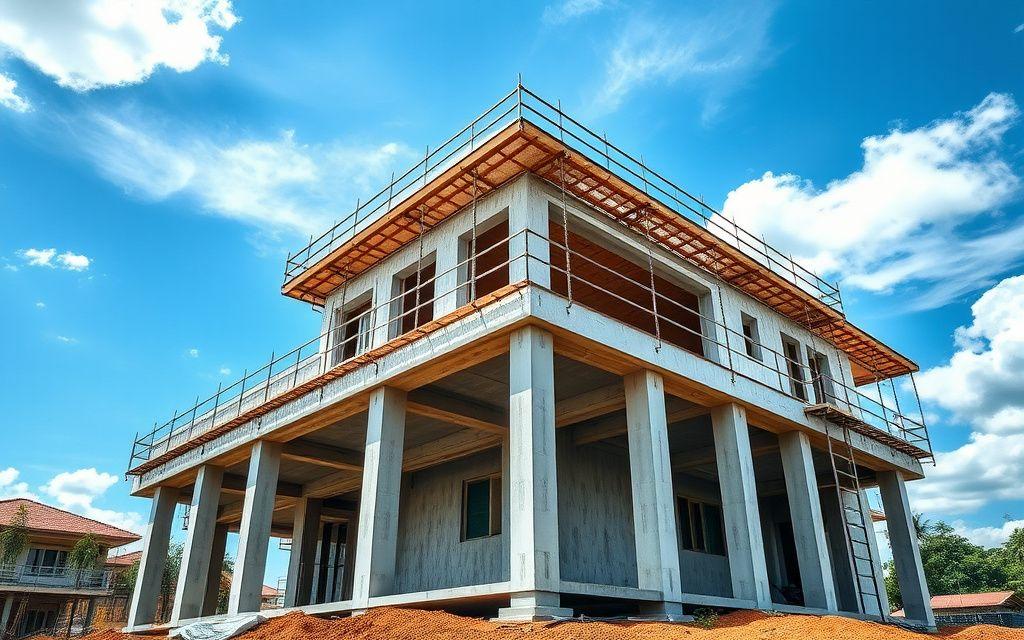 Reinforced concrete and steel frame of a house rebuild under construction
