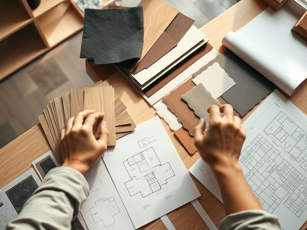 Designer arranging material samples and floor plans on a studio table
